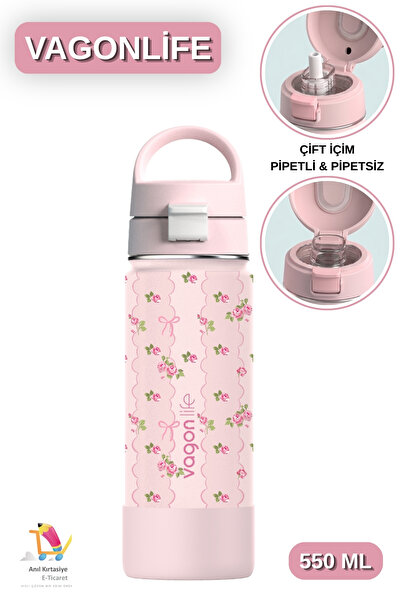Vagonlife 550 ML Desenli Çift İçim - Pipetli / Pipetsiz Taşıma Kulplu Paslanm...