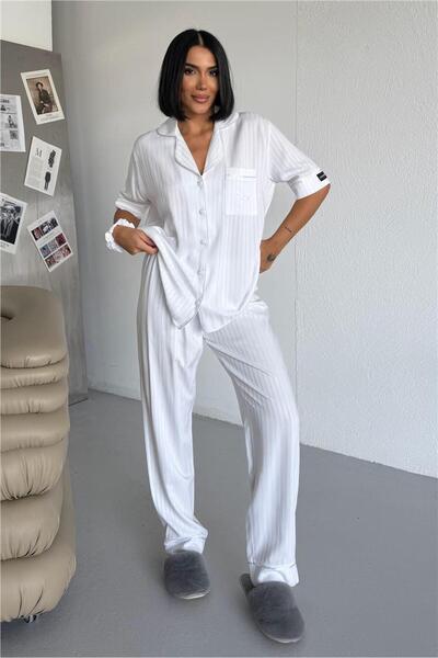 COCCOLARSI Nuvola Pura Beyaz Viskon Kısa Kol Pantolon Pijama Takımı