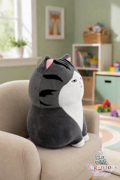 vagontoys Chubby Letterless Cat Plush Toy Gray Striped Chubby Sleeping Companion – 30 cm Soft Washable Funny Gift