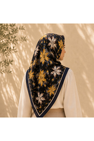 Êtoile Navy Blue Color Floral Patterned Cotton Soft Square Scarf Nazende Series