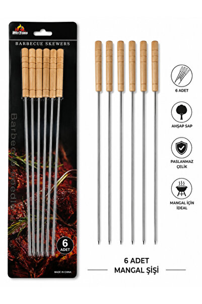 wei NSE Ahşap Saplı Paslanmaz Mangal Şişi 6’lı Set 40 Cm Barbekü Kebap Şişi