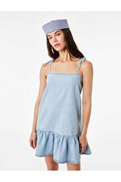 Koton Cotton Bowknot Rope Strap Sleeveless Flounce Mini Denim Dress
