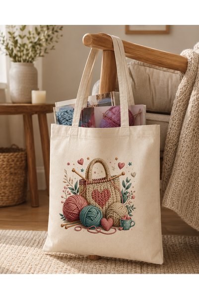 Tomris Hatun Special Linen Raw Fabric Bag for Knitting Enthusiasts, Sublimation Printing Shoulder Bag