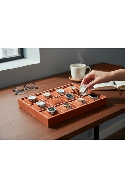 İmpala Kutu Watch and Jewelry Stand with 12 Compartments, Suede Fabric Covering on Mdf, Domestic Production