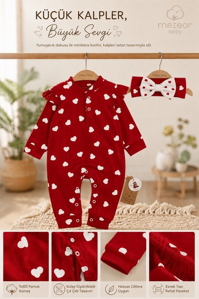 METEOR BABY Baby Girl Set Heart Patterned Jumpsuit Bandana Seasonal Set 3 6 9 12