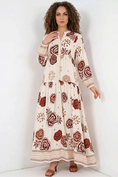 buğrahayalin Women's Shirt Collar, Gathered Waist, Floral Patterned Viscose, ...