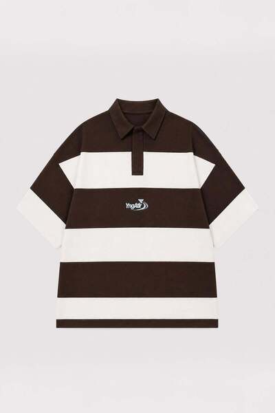 VAMOSCLO Oversize Rugby Collar Striped T-Shirt Brown