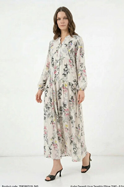 buğrahayalin Women's Shirt Collar Floral Patterned Viscose F.Gray Hijab Dress