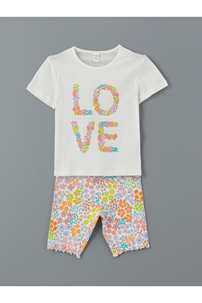 LC Waikiki Tricou cu guler rotund și imprimeu floral pentru fete și colanți, ...