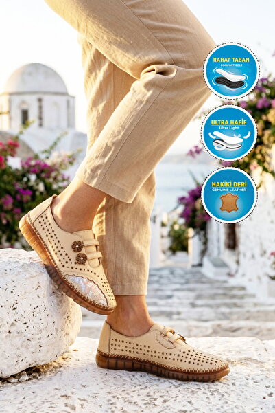 AYAKMOD Beige Genuine Leather Women's Casual Shoes 2026-1 Z