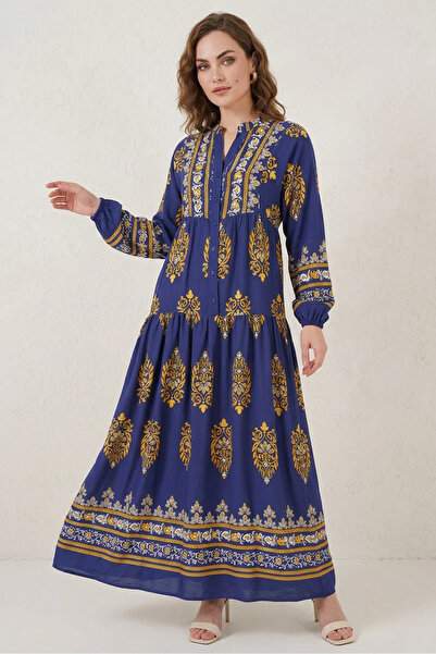 buğrahayalin Women's Shirt Collar, Gathered Waist, Floral Patterned Viscose N...