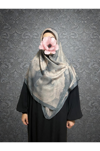 Nakişce Big Size Flora Pattern Voile Silk Scarf 115X115Cm