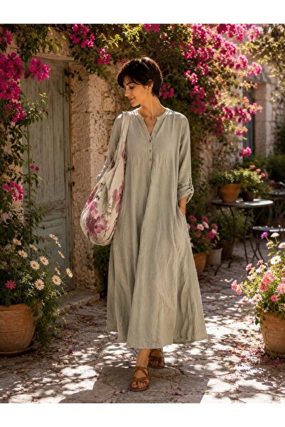 espoire butik kadın keten hafif elbise 42 44 46 bedenlere uyumlu