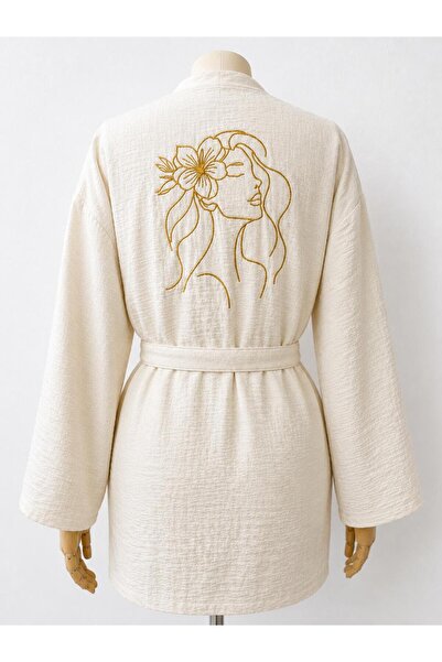 modekamoda %100 Pamuk Müslin Bornoz Kimono Çiçekli Kadın Nakışı İşlemiş