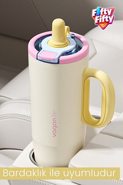 Vagonlife Tumbler 1200 ML Tek Kapak Çift Kullanım Pipetli Rahat İçim Kulplu Paslanmaz Çelik TermosFFVGN1114-12