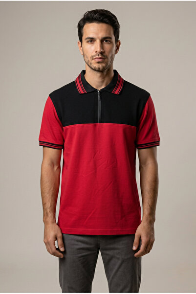 Tisho Erkek Fermuarlı Polo Yaka T-Shirt Kırmızı Siyah %100 Pamuk Pike Kumaş
