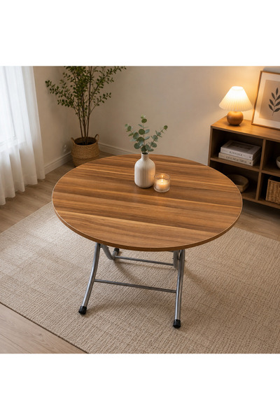 marpas Modern Yuvarlak Masa 100x100 cm Ahşap Desenli MDF Katlanır Masa