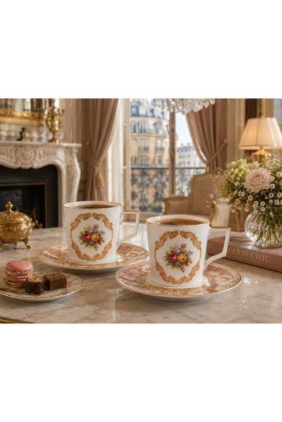 R-EYLA R'Eyla X Rivadossi Sandro Venezzia Pink Collection 24K Gold Detailed Turkish Coffee Cup Set for 2 People - with Special Leather Box Gift