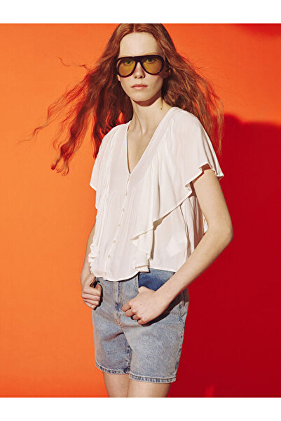 LC Waikiki V Neck Textured Ruffle Flounce Blouse