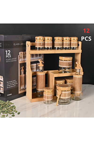 Generic 12-Piece Spice and Oil Container Set with Wooden Stand Clear Glass an...