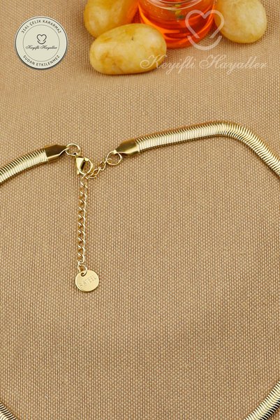 Keyifli Hayaller Steel Necklace Crushed Snake Chain Necklace 316L Steel Non-Tarnish 42+6cm Width 6mm
