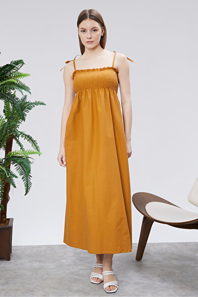 Modabenna Patterned Cotton Long Summer Dress with Straps, Shoulder Tie, Gathe...