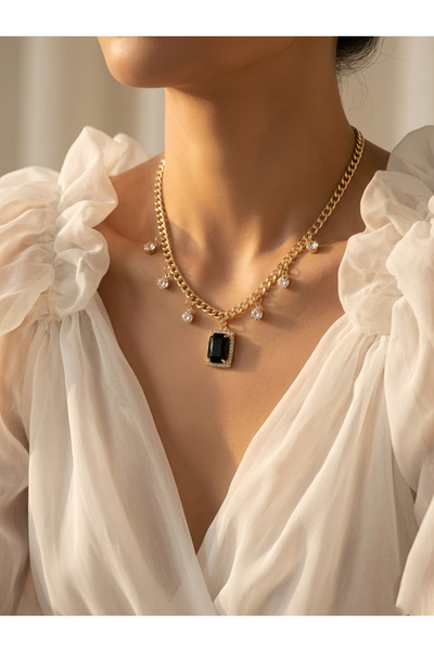 Eva Takı Store Baget Model Zircon Stone Gold Black Colored Steel Necklace