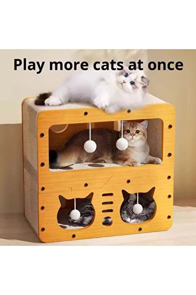 MadPet 3 Girişli Karton Tırmalamalı Ahşap Model Kedi Tırmalama Oyun Evi