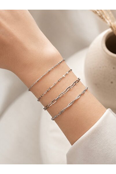 Tixy Pixy 316L Stainless Steel 4Pcs Bracelet Set, Women Silver Bracelet Set