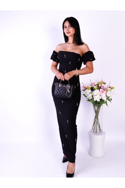 VERO Rochie lungă neagră elegantă cu umeri goi și aplicații de perle
