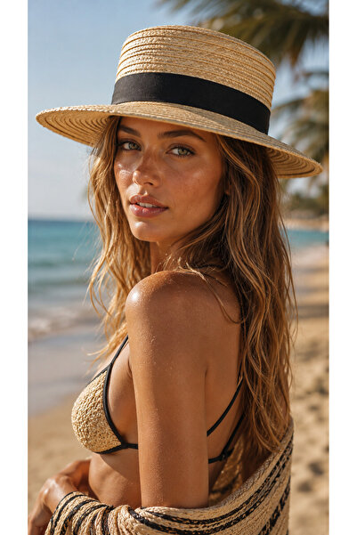 mrcans Women's Natural Straw Textured Black Tape Detailed Fedora Beach Hat Su...