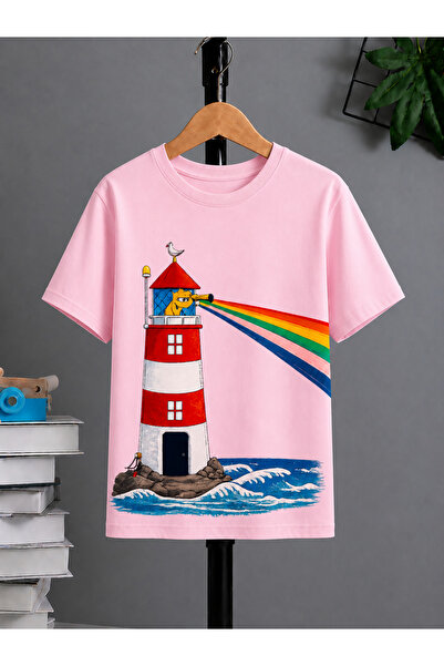VODEXA Tricou oversize unisex cu imprimeu Lighthouse, 100% bumbac, croială co...