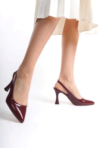 Y ESMA Burgundy Patent Leather Pointed Toe Open Back 9 cm Goblet Heel New Season