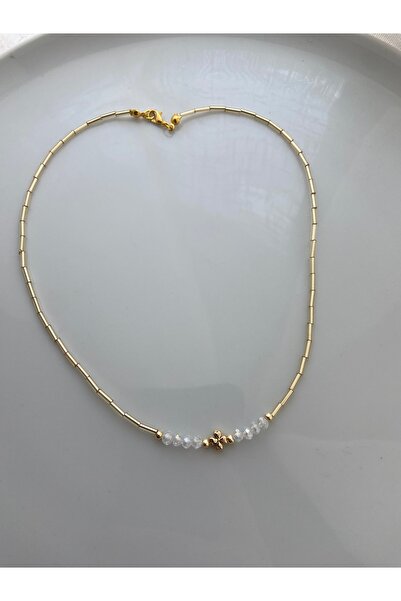 Anetta Jewelry Kadın altın renk şeffaf kristal boncuklu yonca model kolye