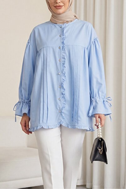 Modamorfo Ruffle Detailed Sleeve Lace-Up Stone Buttoned Cupra Tunic - Baby Blue