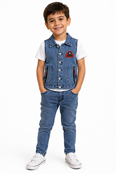 İrem Çocuk Giyim Boy's Blue Color Stylish Three-Piece Set with Button Closure...