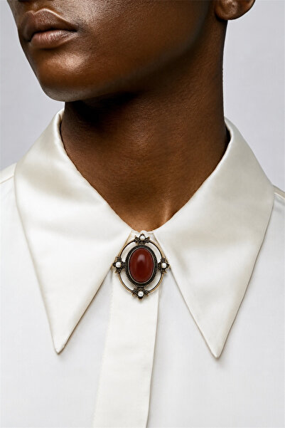 ORNALACE Vintage Bordo Taşlı İnci Detay Broş