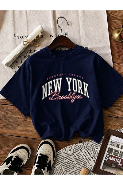 Baxia KIZ-ERKEK ÇOCUK NEWYORK BROKLYN BASKILI LACİVERT BEYAZ RENK Kısa Kollu ...
