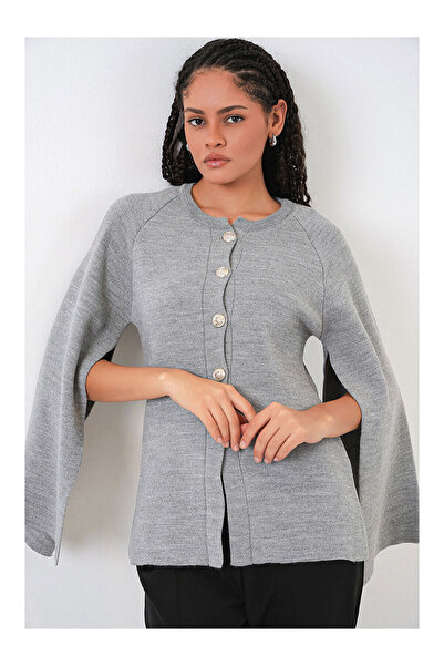 LC Waikiki Nevavm Farkıyla Women's Knitwear Poncho Cardigan 15965 - Gray