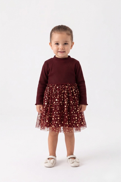 Le Mabelle Baby Girl Dress with Burgundy Star Printed Tulle Skirt - Karen