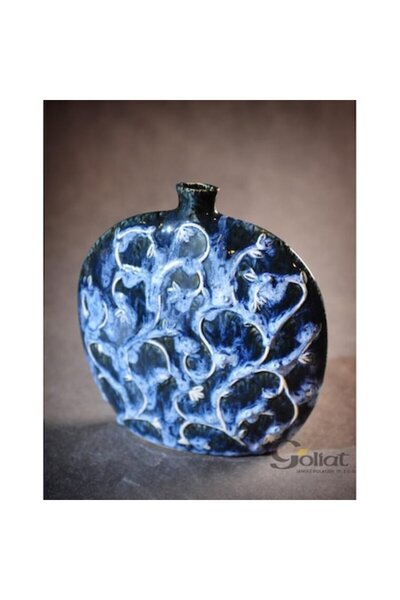 Goliat vază ceramică, albastră, 24.5x7x25.5 cm, cu motive florale, set de 3 m...