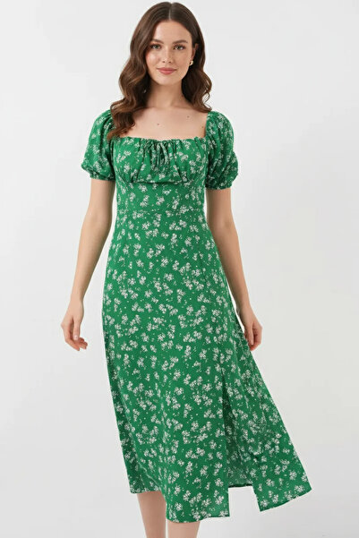 buğrahayalin Women's Square Collar Belted Floral Patterned Viscose Emerald Gr...