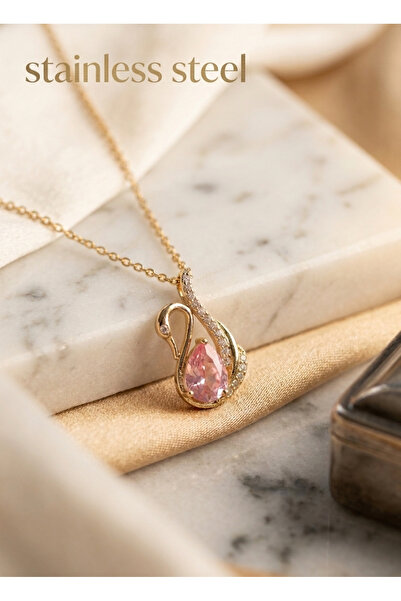 staınless steel 316L Steel Chain Gold Color Pink Swan Model Zircon Stone Neck...