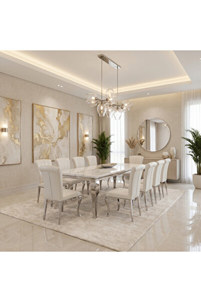 Ebticar Luxury Dining Table Set with 10 Chairs in a Modern Marble Design