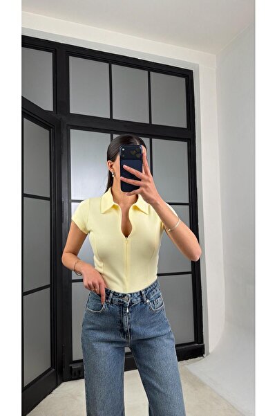 GAUS CO Yellow Polo Collar Zippered Basic Blouse Gaus-01467