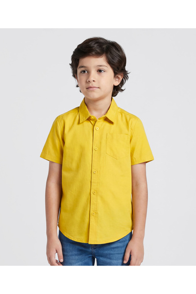 Pine kids قميص قطني منسوج بأكمام نصفية بلون موحد - لون الخردل