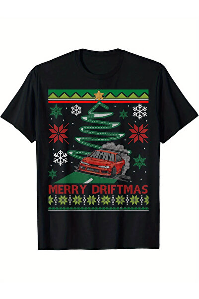 yiou trendy clothing تي شيرت رجالي بتصميم سيارة سباق "Fun Drift Christmas"