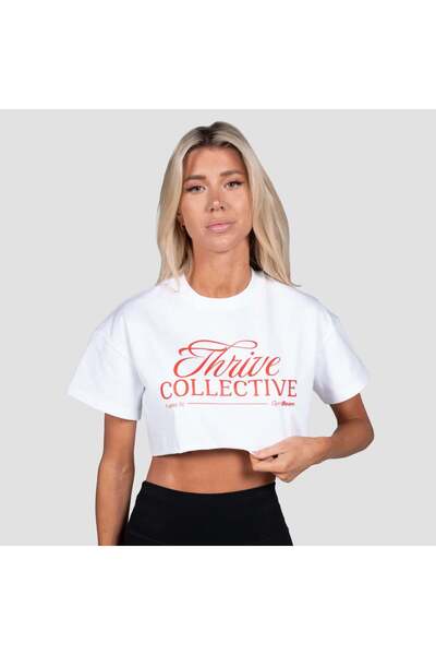 GymBeam Tricou crop de damă Thrive, alb, L