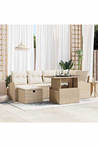 vidaxl Set de canapele pentru gradina cu perna 7 pcs Bej Rattan poli
