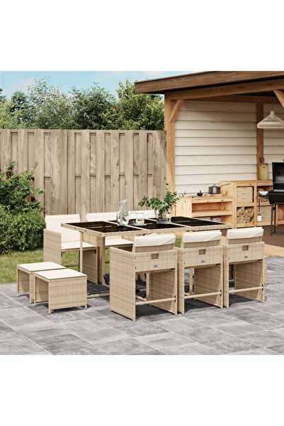 vidaxl Set mobilier de gradina cu perne, 11 piese, bej, poliratan